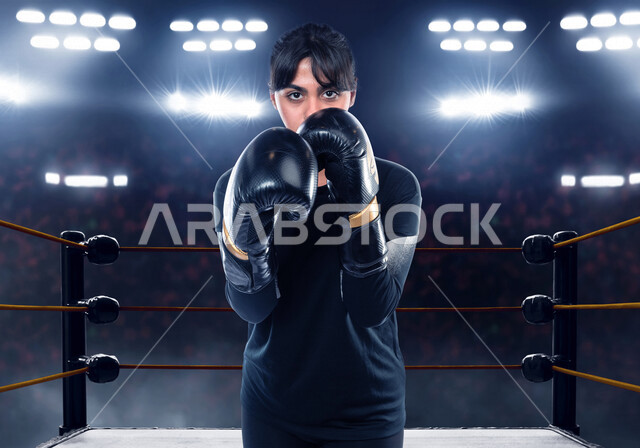 فتاة عربية سعودية داخل حلبة المصارعة، ترتدي زي الملاكمة وقفازات الملاكمة، التدرب على حركات قتالية، فنون قتالية، رياضات القتال والدفاع عن النفس، الملاكمة والمصارعة، رياضة الملاكمة النسائية في السعودية، نادي رياضي نسائي، بطولات رياضة الملاكمة النسائية