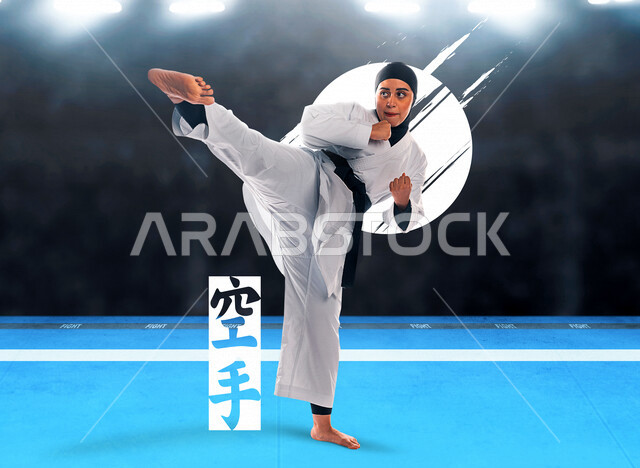 A veiled Saudi Arab girl, wearing a karate uniform with a black belt, training in karate combat movements, Japanese martial arts, Olympic sports, women's gym, women's karate in Saudi Arabia, women's karate tournaments