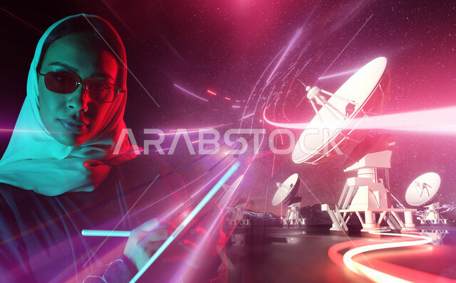 عالمة فضاء عربيه سعوديه خليجيه تحمل جهاز التابلت و تعمل في متابعة الاقمار الصناعيه في الفضاء الخارجي, البحث عن الكواكب والنجوم, علم الفلك والفضاء, رؤيه مستقبيله