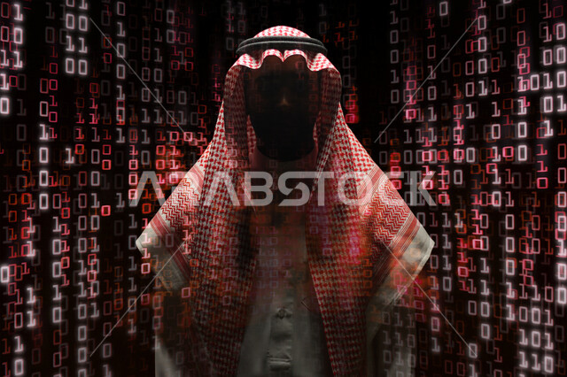 A Saudi Arabian Gulf man working as a web developer, using programming languages, developing and building websites and electronic applications, codes and algorithms, computer technologies, hacker, hacking, information protection, information security, Mat