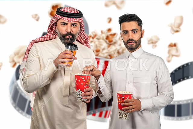 صديقان عربيان سعوديان خليجيان يستمتعان بوقت الفراغ , عطلة نهاية الأسبوع , مشاهدة الأفلام والعروض المسرحية في السنما , الاستمتاع بتناول الفشار أثناء مشاهدة الفلم , إيماءات وجه ويدين مختلفة , خلفية السينما .