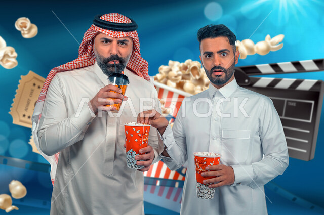 صديقان عربيان سعوديان خليجيان يستمتعان بوقت الفراغ , عطلة نهاية الأسبوع , مشاهدة الأفلام والعروض المسرحية في السنما , الاستمتاع بتناول الفشار أثناء مشاهدة الفلم , إيماءات وجه ويدين مختلفة , خلفية السينما .