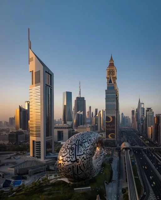 متحف المستقبل مع ناطحات السحاب في دبي وقت غروب الشمس