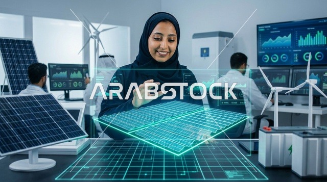 مهندسة عربية تتفاعل مع هولوغرام الألواح الشمسية في مختبر