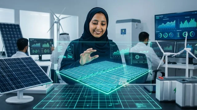 مهندسة عربية تتفاعل مع هولوغرام الألواح الشمسية في مختبر