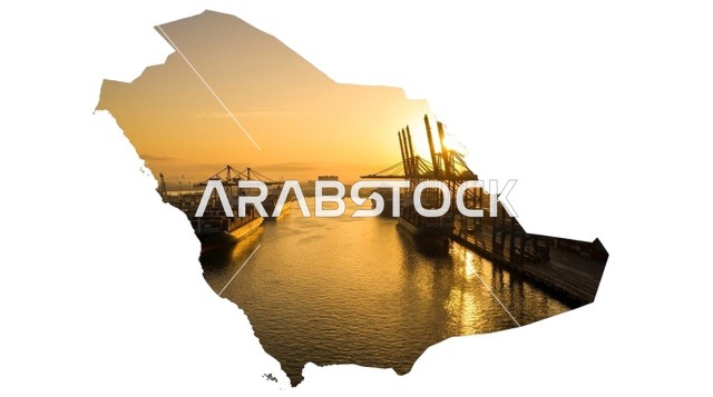 خريطة المملكة العربية السعودية مع ميناء شحن عند الغروب