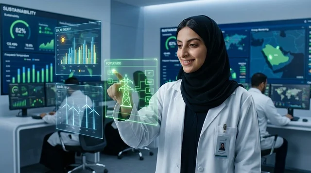 Saudi Female Engineer in Green Energy Control Room