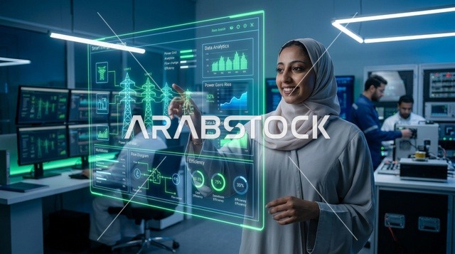مهندسة عربية تتفاعل مع هولوغرام شبكة الطاقة الذكية