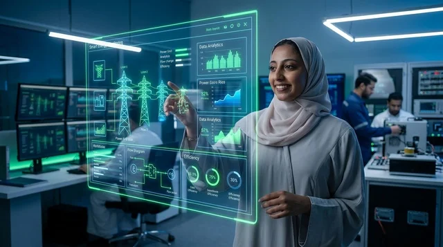 مهندسة عربية تتفاعل مع هولوغرام شبكة الطاقة الذكية