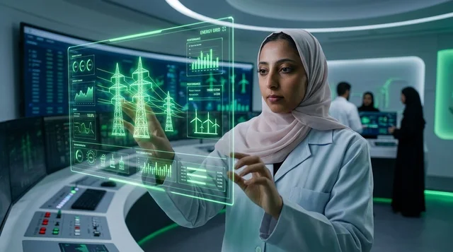 مهندسة عربية تتفاعل مع شاشة هولوغرام لشبكة طاقة ذكية