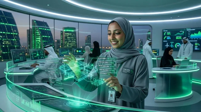 مهندسة سعودية في غرفة تحكم الطاقة الشمسية المستقبلية