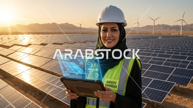 مهندسة سلامة عربية في محطة طاقة شمسية صحراوية