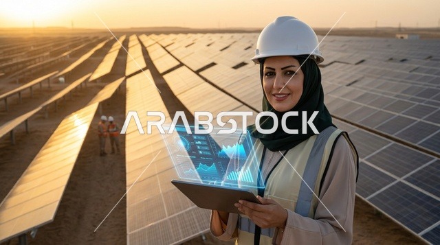 مهندسة عربية في محطة ألواح الطاقة الشمسية عند الغروب