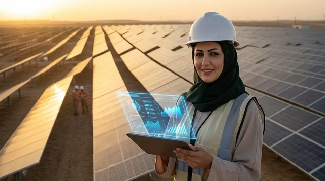 مهندسة عربية في محطة ألواح الطاقة الشمسية عند الغروب