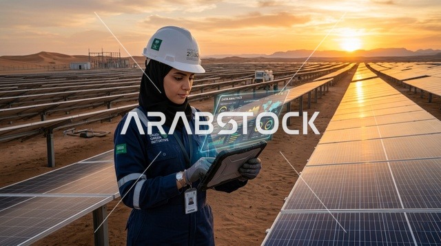 مهندسة سعودية تعمل في محطة طاقة شمسية وقت الغروب