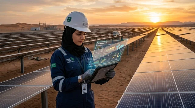 Saudi Female Engineer at Desert Solar Plant Sunset