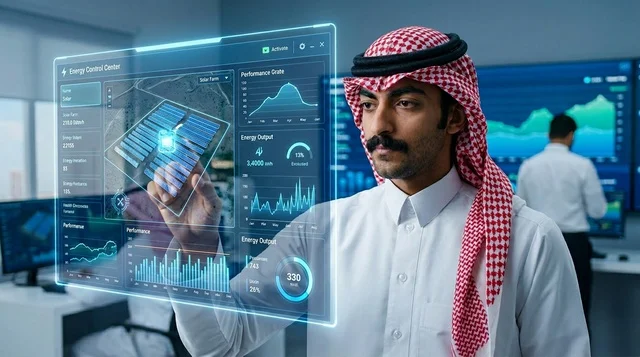 مهندس سعودي يراقب بيانات الطاقة الشمسية عبر الهولوغرام