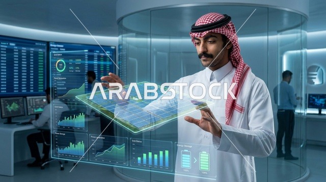 رجل سعودي يتفاعل مع هولوغرام بيانات الطاقة الشمسية