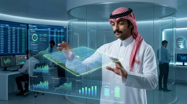 رجل سعودي يتفاعل مع هولوغرام بيانات الطاقة الشمسية