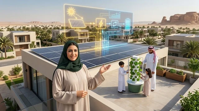 عائلة سعودية على سطح فيلا سكنية مع ألواح الطاقة الشمسية