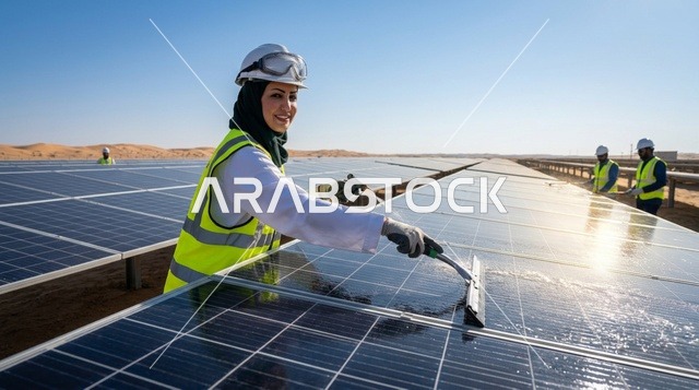مهندسة عربية تنظف ألواح الطاقة الشمسية في الصحراء
