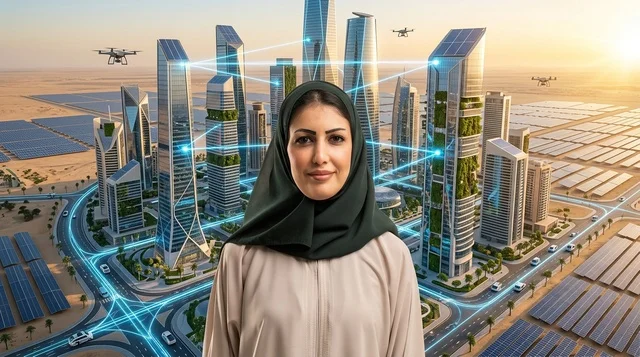 امرأة عربية في مدينة ذكية مستقبلية تعمل بالطاقة الشمسية