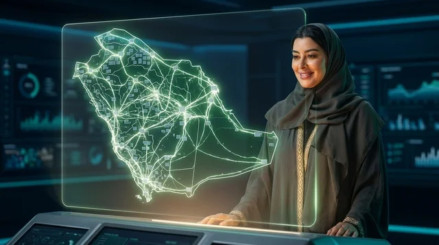 سيدة سعودية مع خريطة هولوغرامية في غرفة تحكم مستقبلية