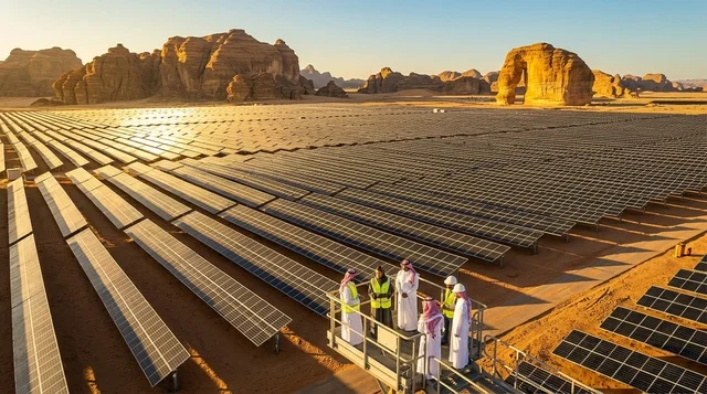 محطة الطاقة الشمسية في صحراء العلا عند الشروق