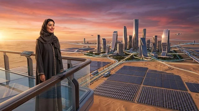 امرأة عربية تطل على مدينة مستقبلية بالطاقة الشمسية امرأة عربية تطل على مدينة مستقبلية بالطاقة الشمسية