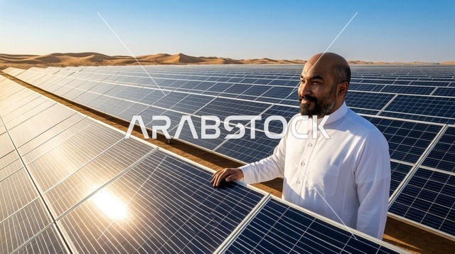 رجل سعودي في محطة الطاقة الشمسية بالصحراء