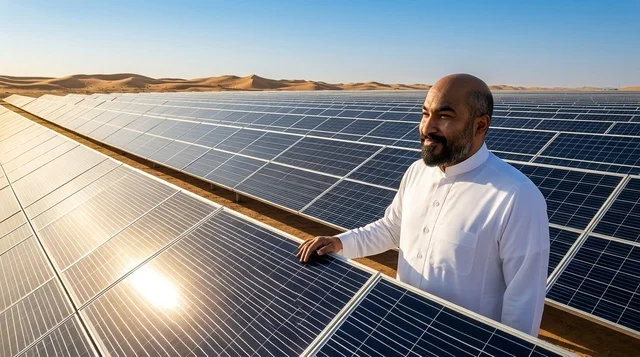رجل سعودي في محطة الطاقة الشمسية بالصحراء