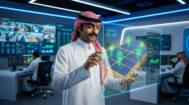 مهندس سعودي يستعرض بيانات الطاقة الشمسية بغرفة التحكم