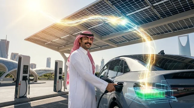 رجل سعودي يشحن سيارة كهربائية بالطاقة الشمسية في الرياض