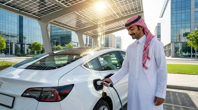 رجل سعودي يشحن سيارة كهربائية عبر ألواح الطاقة الشمسية