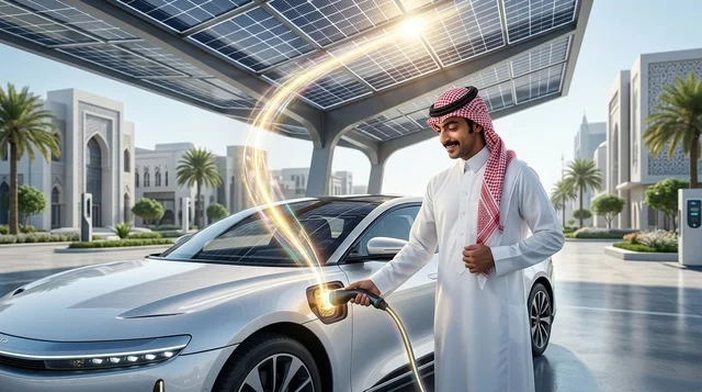 رجل سعودي يشحن سيارة كهربائية تحت ألواح الطاقة الشمسية