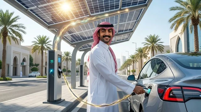 Saudi Man Charging Electric Car with Solar Energy