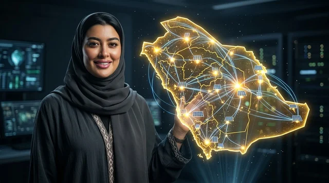 سيدة أعمال سعودية مع خريطة هولوغرام للطاقة الشمسية