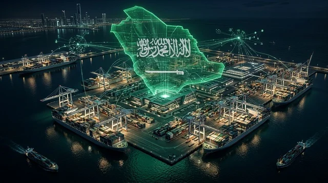 هولوجرام خريطة السعودية فوق ميناء شحن بحري ليلا