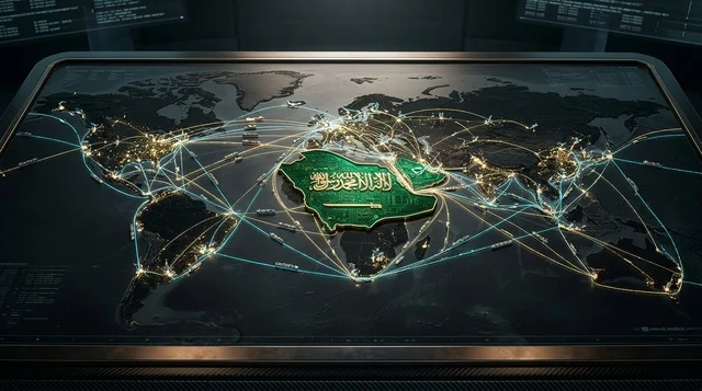 Saudi Arabia Digital World Map Global Network Screen