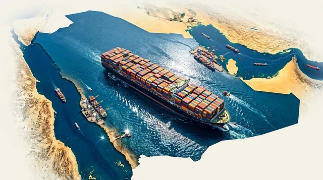 سفينة شحن حاويات على خريطة السعودية للتجارة البحرية