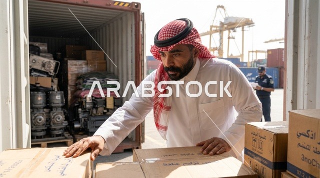 موظف جمارك سعودي يتفحص الصناديق في ميناء الشحن