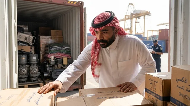Saudi Port Worker Inspecting Cargo Shipping Container