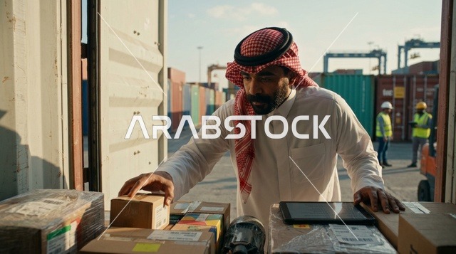 مدير لوجستيات سعودي يفحص بضائع حاوية الشحن في الميناء