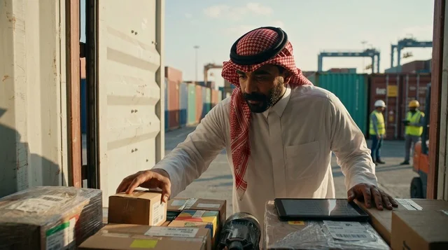 Saudi Logistics Manager Inspecting Port Cargo Container
