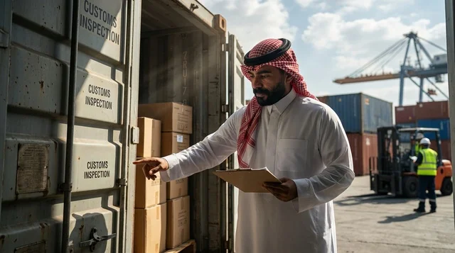 Saudi Customs Officer Inspecting Cargo Container at Port