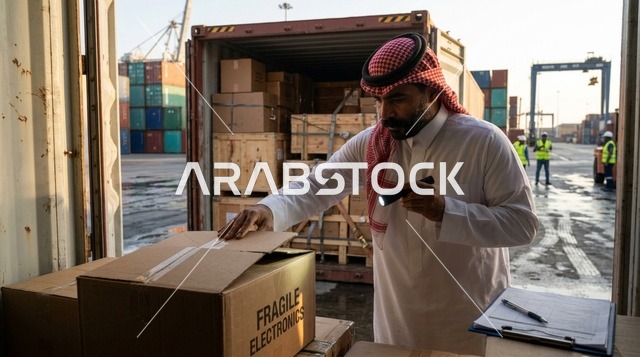 فحص البضائع بواسطة موظف جمارك سعودي في ميناء الشحن