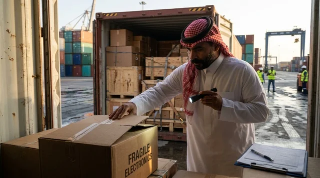 فحص البضائع بواسطة موظف جمارك سعودي في ميناء الشحن