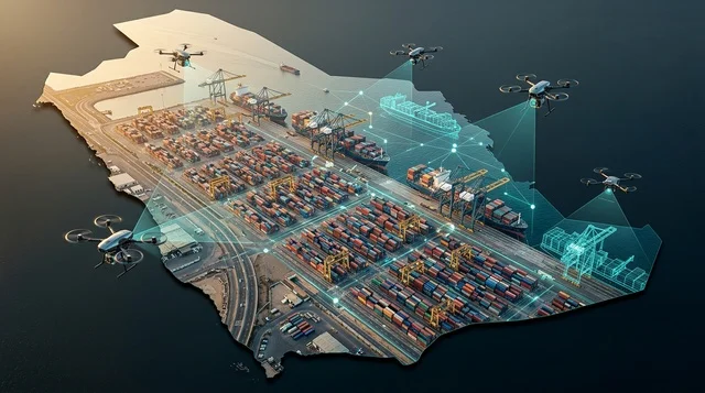 Smart Port Saudi Arabia Drone Logistics Map Illustration
