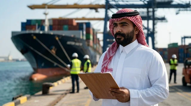 Saudi Arab Man at Commercial Shipping Port Cargo Ship
