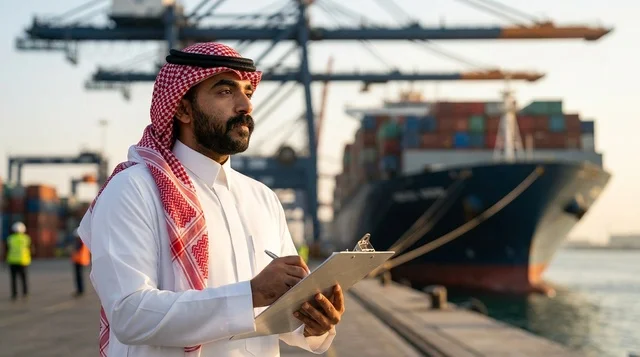 Saudi Port Inspector at Shipping Dock Golden Hour